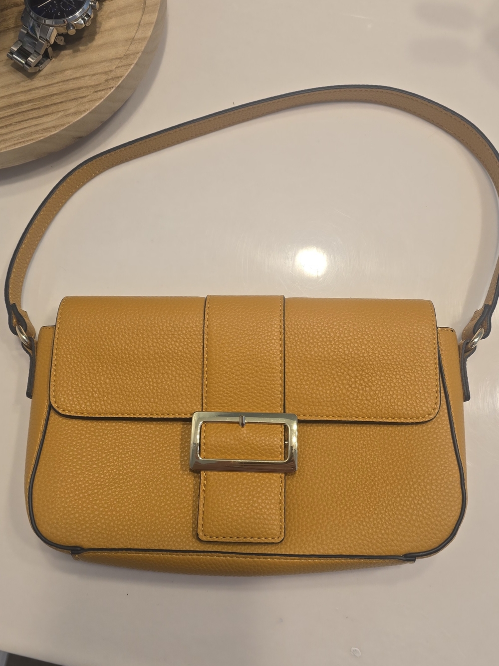 Yellow Leather Shoulder Bag with Gold Buckle